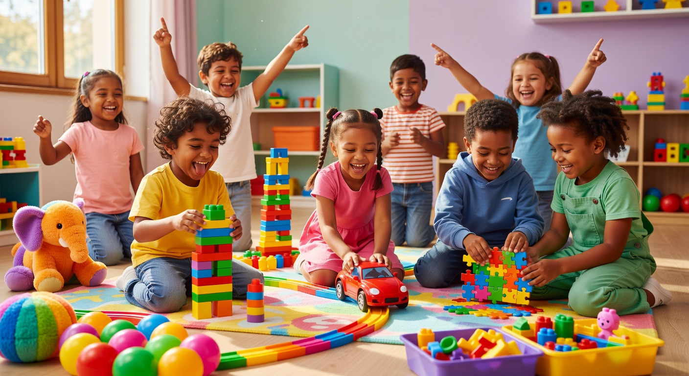 Happy kids playing with colorful toys